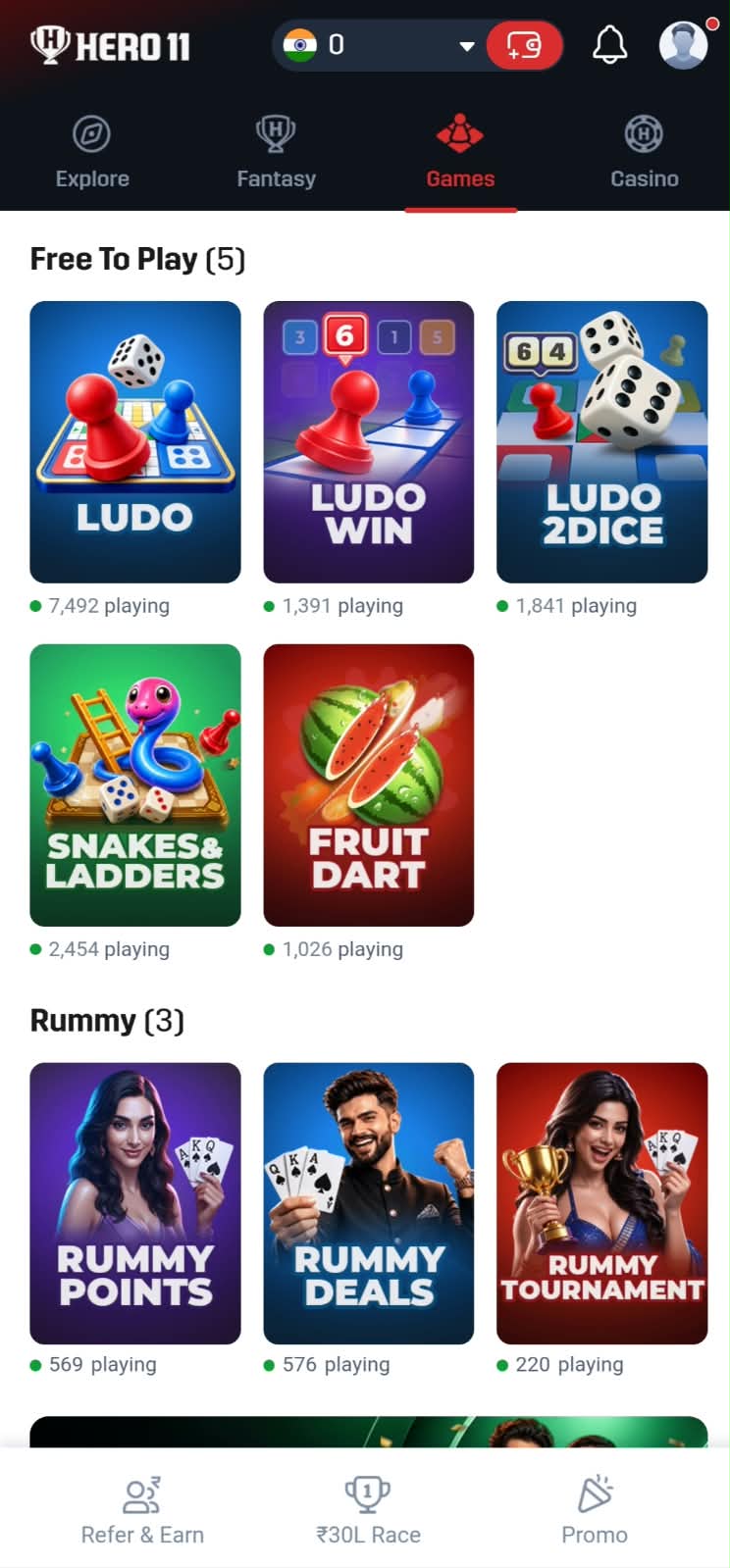 Hero11 games screen showing Ludo, Snakes and Ladders, Fruit Dart, and Rummy