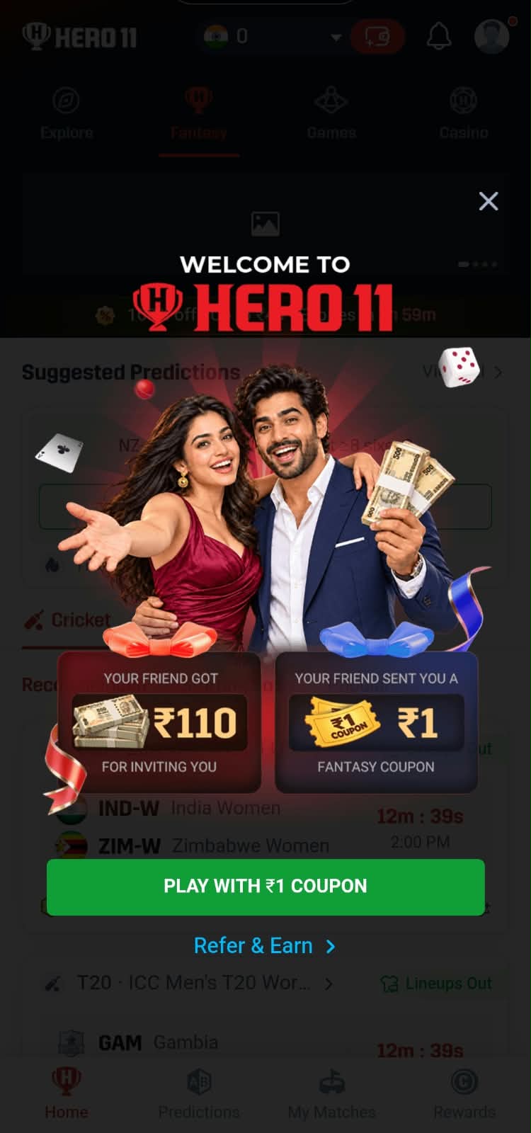 Hero11 welcome screen displaying a referral offer and fantasy coupon