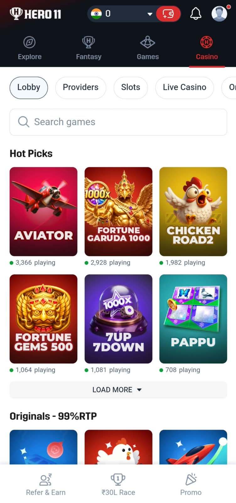 Hero11 casino lobby featuring slots, Aviator, and other game categories