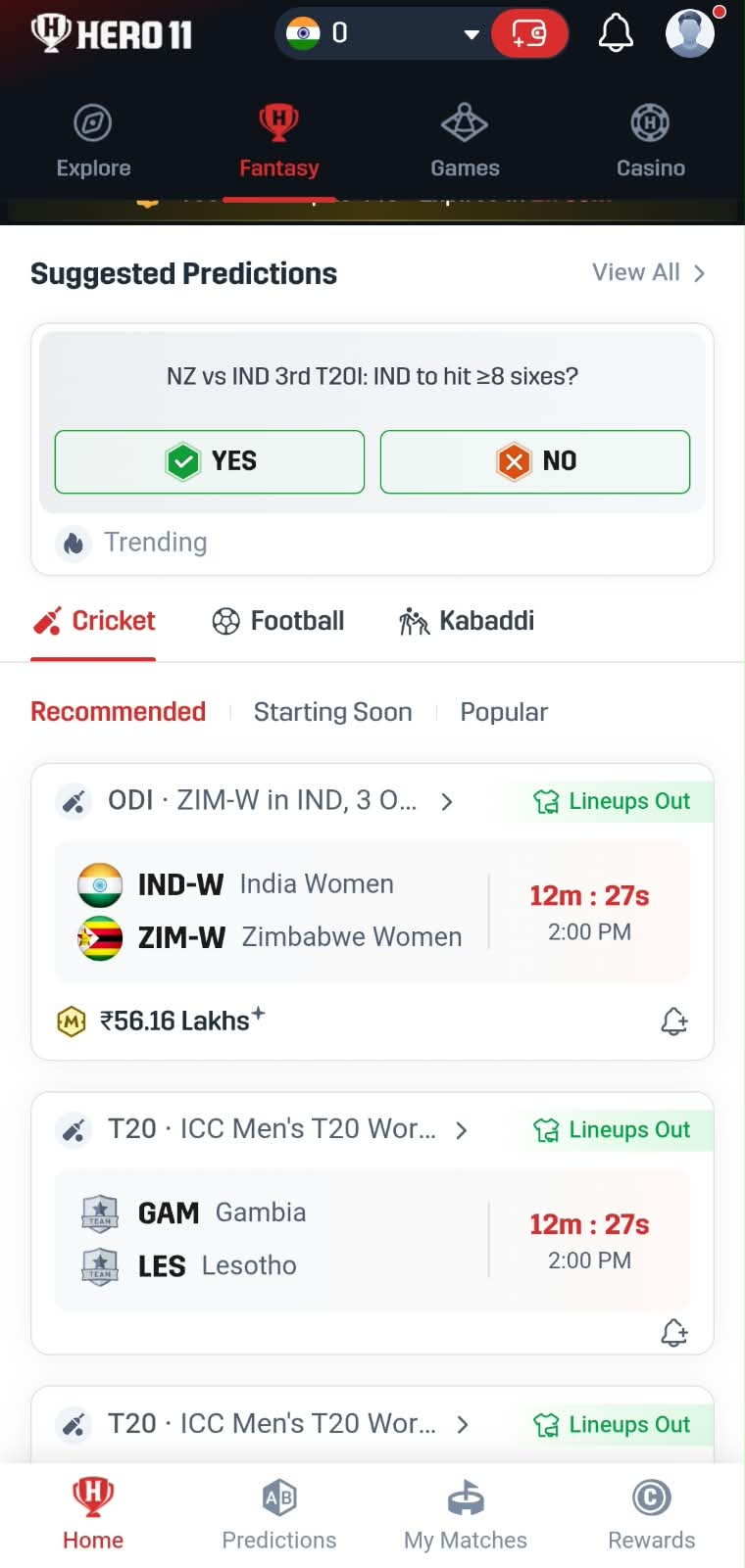 Hero11 fantasy home screen with cricket predictions and sports categories